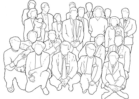 Zeichnung zum Gruppenfoto der Anyone-Konferenz, in: Anyone Seite 4-5