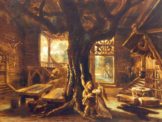 Josef Hoffman, Bühnenbildsentwurf für die Walküre, Hundinghütte, Ölbild, 1876