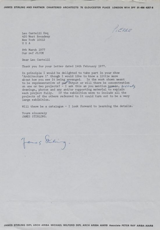 James Stirling, Brief an Pierre Apraxine betreffend der Ausstellung Architecture I, 1977 © Archives of American Art, Smithsonian