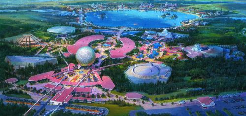 Clem Hall und Bob Scifo, der Themenpark EPCOT Center in Walt Disney World / Florida aus der Vogelperspektive, Acrylfarben auf Karton, 33 x 58 cm, 1981. Der Entwurf wurde mit wenigen Änderungen realisiert.