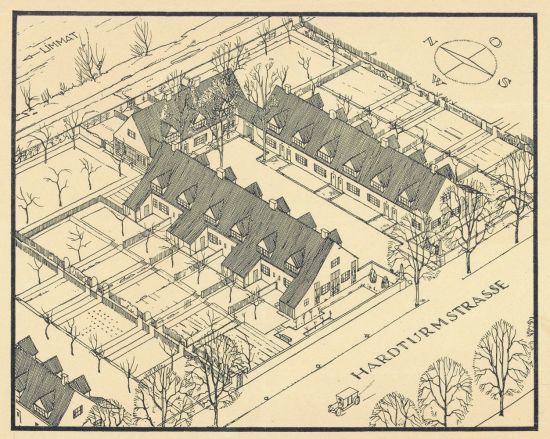 Einfamilienhäuser Hardturmstrasse («Bernoulli-Häuser»), Zürich, 1923–1930, in Zusammenarbeit mit Kündig & Oetiker, Axonometrie der ersten Baugruppe mit Kopfbau (Plan © gta Archiv, Nachlass Hans Bernoulli)