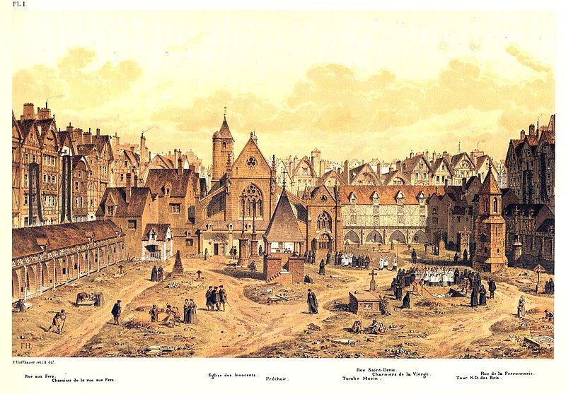 Cimetière des Saint-Innocents, 1550 (Gravur: Hoffbauer)
