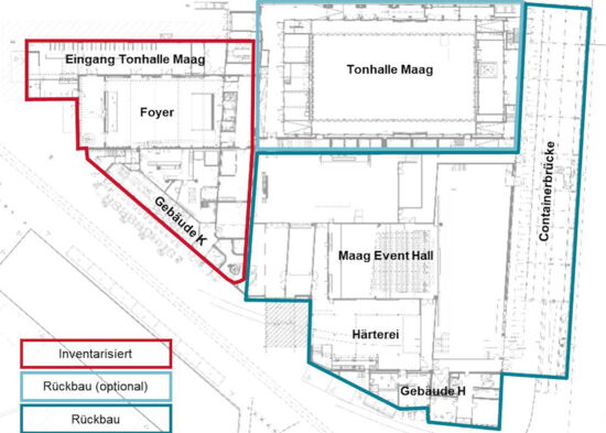 Die Vorgabe des Studienauftrags sieht einen teilweisen Rückbau auf dem Maag-Areal vor. (Quelle: Hochparterre.ch)