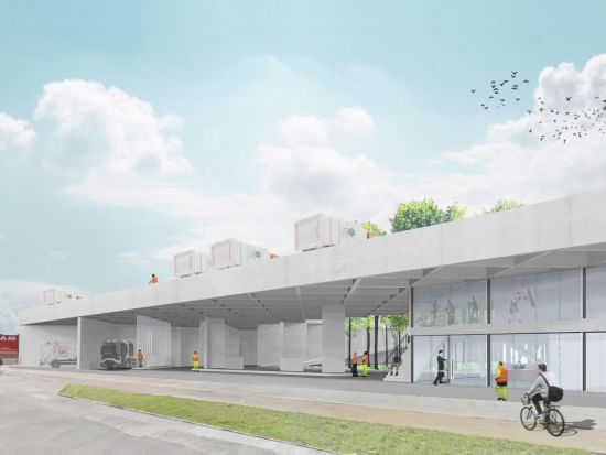 Waschanlage, Wartungszone für Mülltransporter, Eingang und Fitnesscenter unter einem gedeckten Aussenbereich