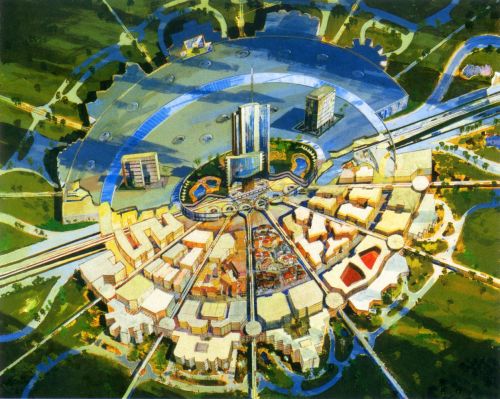George Rester, Axonometrischer Schnitt des Stadtzentrums von EPCOT, sichtbar ist das 30-geschossige Hotelhochhaus, die überdachte ringförmige Ladenpassage und die radiale Trassen der People Movers, des Monorails und die unterirdisch verlaufende axiale Hauptstrasse, opake Wasserfarben / Farbstift und Tinte auf einer Plastikfolie über einem Farbkarton, 53,5 x 35,5 cm, 1966.