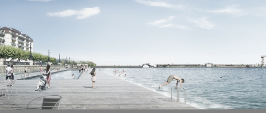 Das rechte Seeufer (Quai du Mont Blanc) mit schlichter Erholungs- und Freizeitplattform und geplantem Schwimmbad