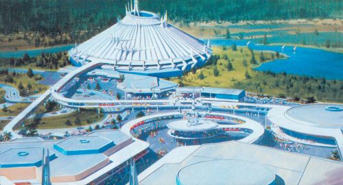 Tomorrowland im Magic Kingdom / Walt Disney World / Florida, Darstellung des hinteren Bereiches aus der Vogelperspektive, ca. 1971.